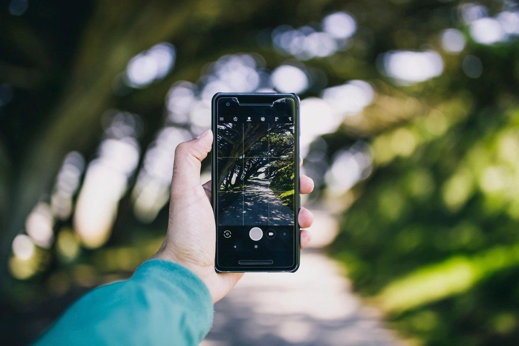 Older adult holding a smartphone outdoors on a tree-lined path, used to check a GPS tracker for an elderly parent